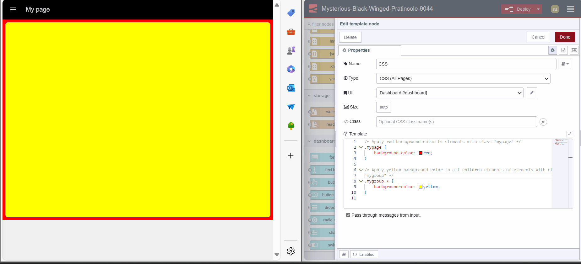 "Image displaying the left side with the page and group where custom CSS has been applied, and the right side showcasing the UI-template with the corresponding CSS"