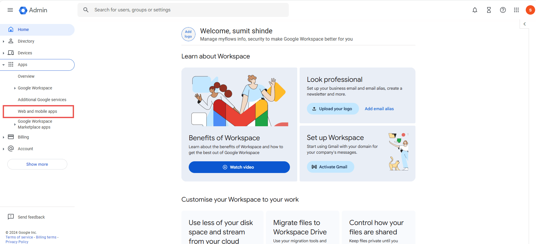 "Screenshot showing the 'web and mobile apps' option in the sidebar in the Google workspace admin console"