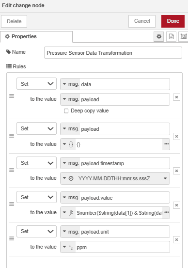 Image showing the Change node rules transforming pressure data
