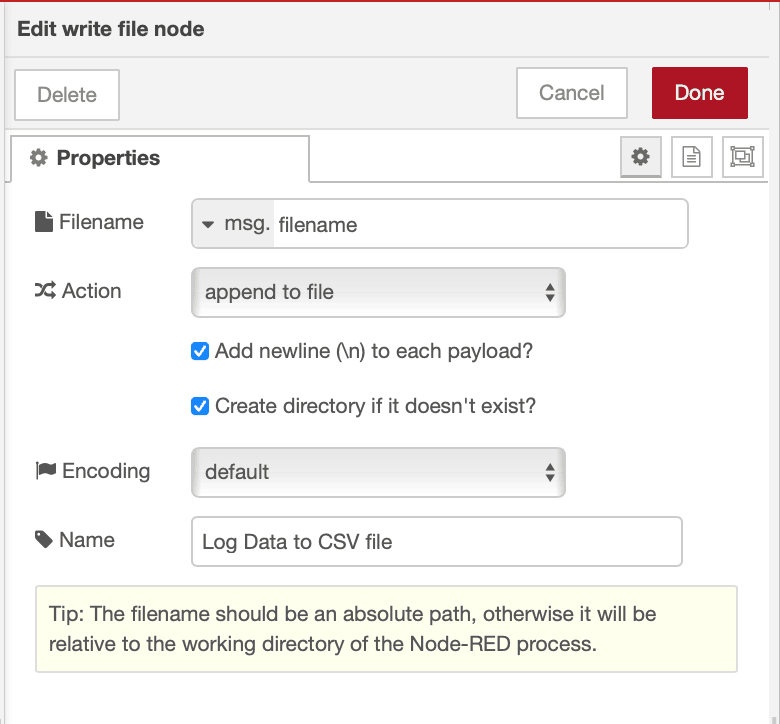 Image showing Write node configuration