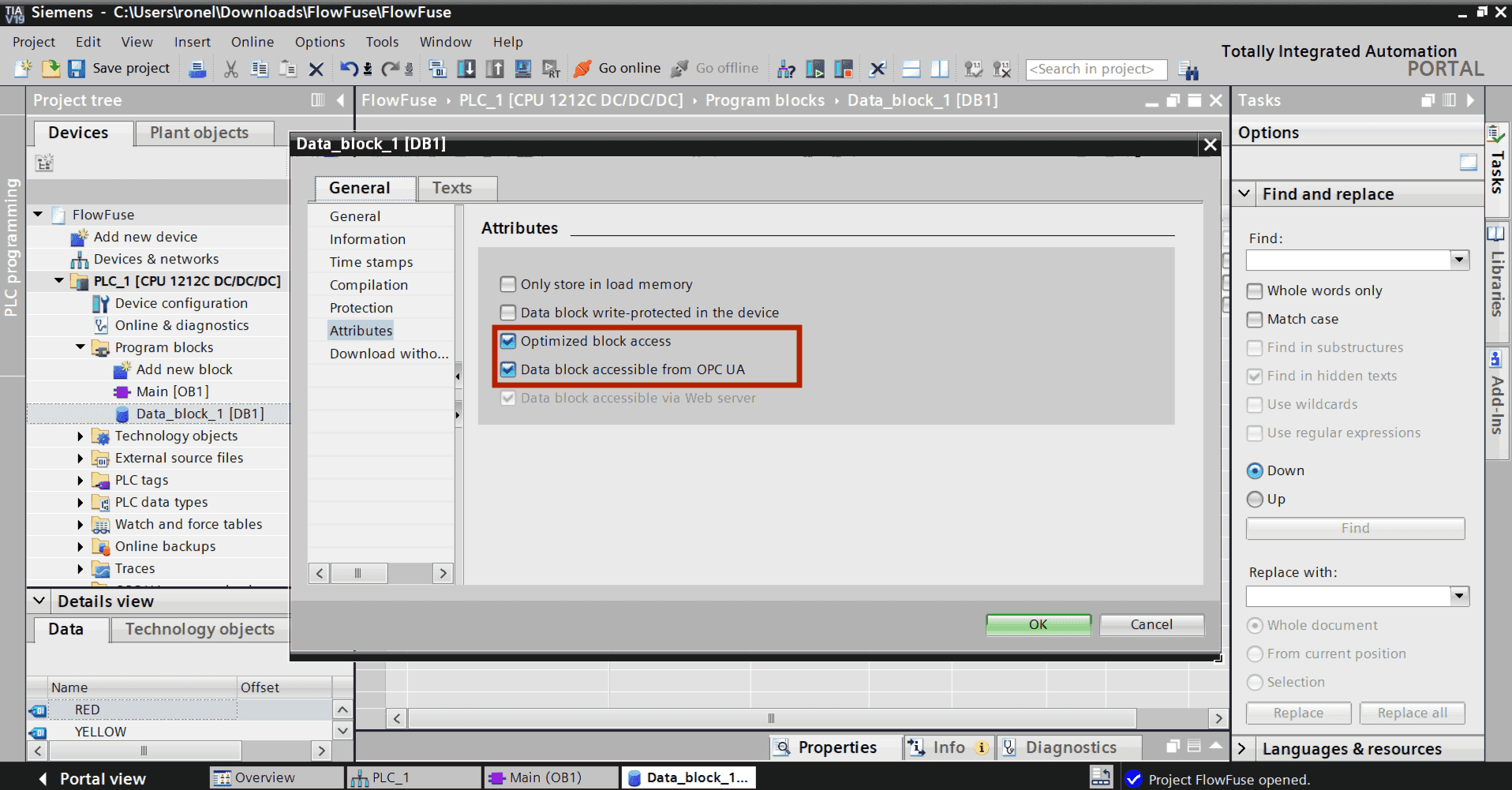 Attribute settings for optimized and OPC UA accessible data blocks