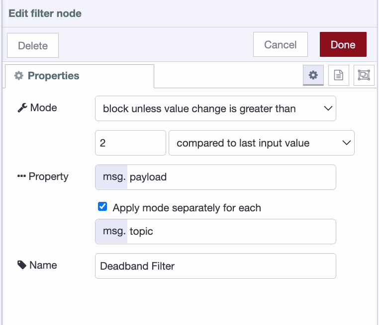 "Filter node configuration in FlowFuse showing deadband mode set to block unless value change is greater than threshold"
