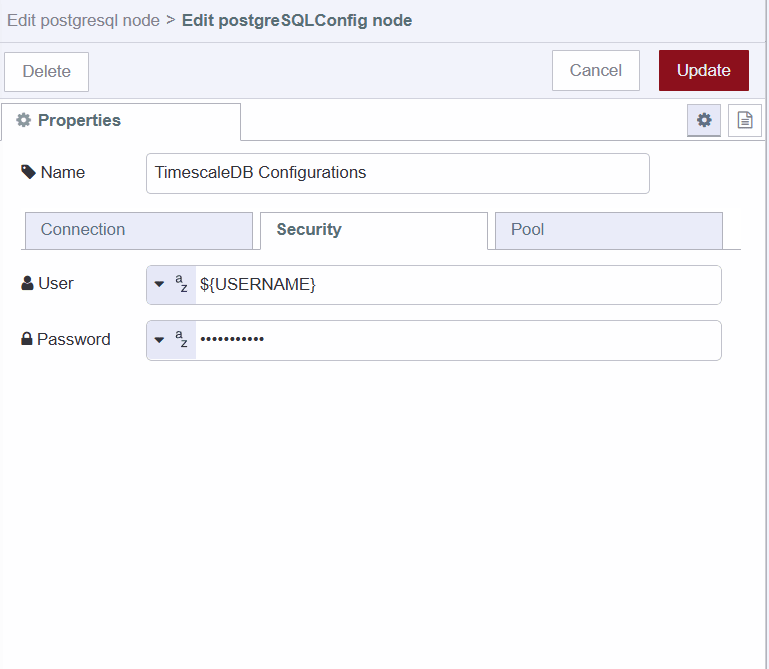 Screenshot showing PostgreSQL config node's security tab "Screenshot showing PostgreSQL config node's security tab"