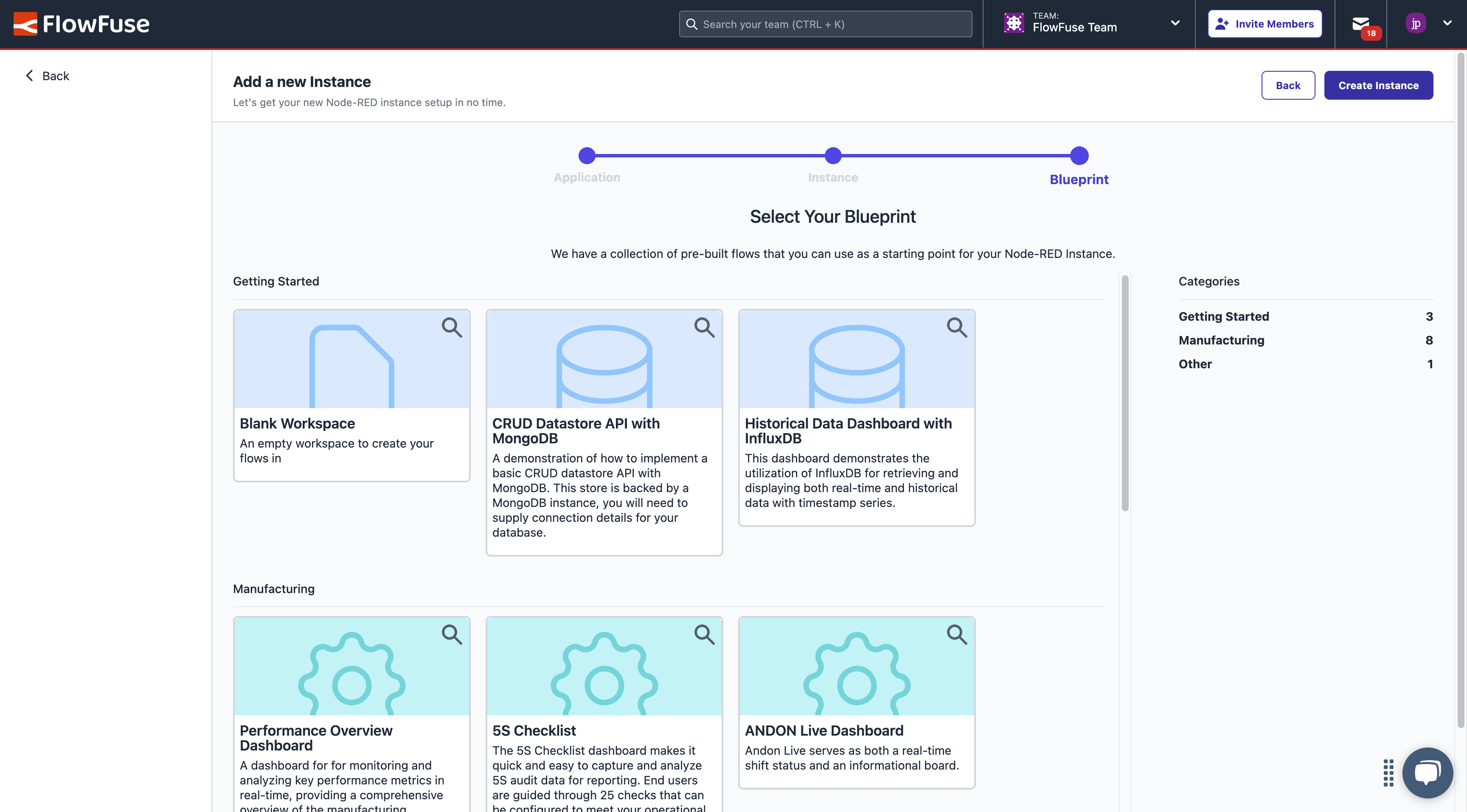 Screenshot of the Blueprint selection UI in FlowFuse